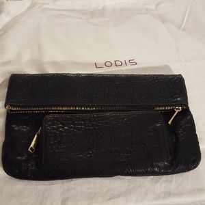 Lodis black leather clutch